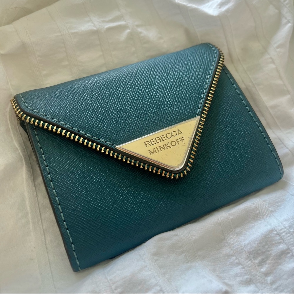 REBECCA MINKOFF Genuine Leather Compact Wallet with Zipper Detail - Teal